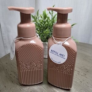 2 New Bath & Body Works Glass Pink Floral refillable foam hand soap‎ dispensers